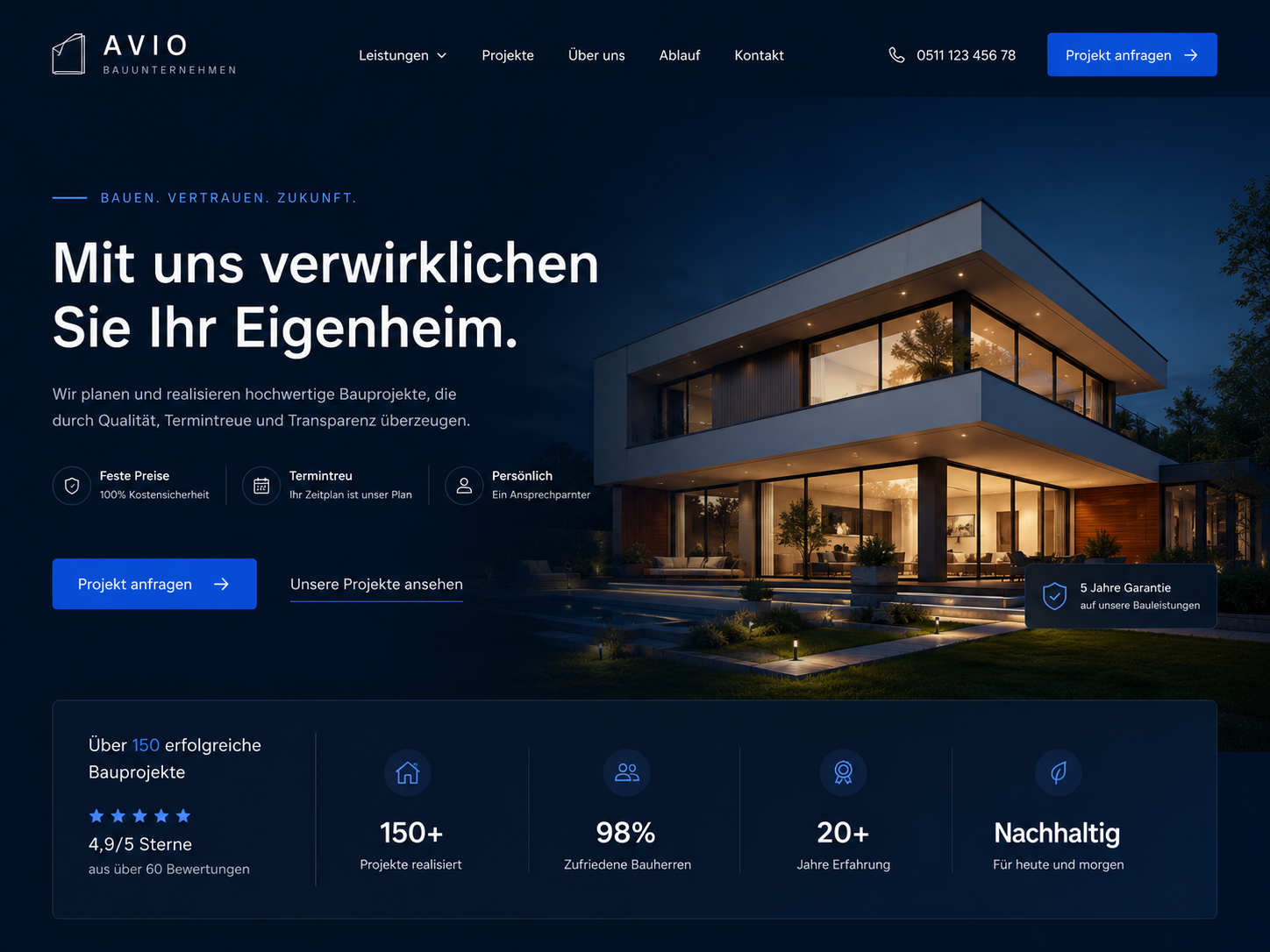 Beispiel-Nachher: klar strukturierte AVIO-Webseite mit deutlichem Anfrage-Pfad